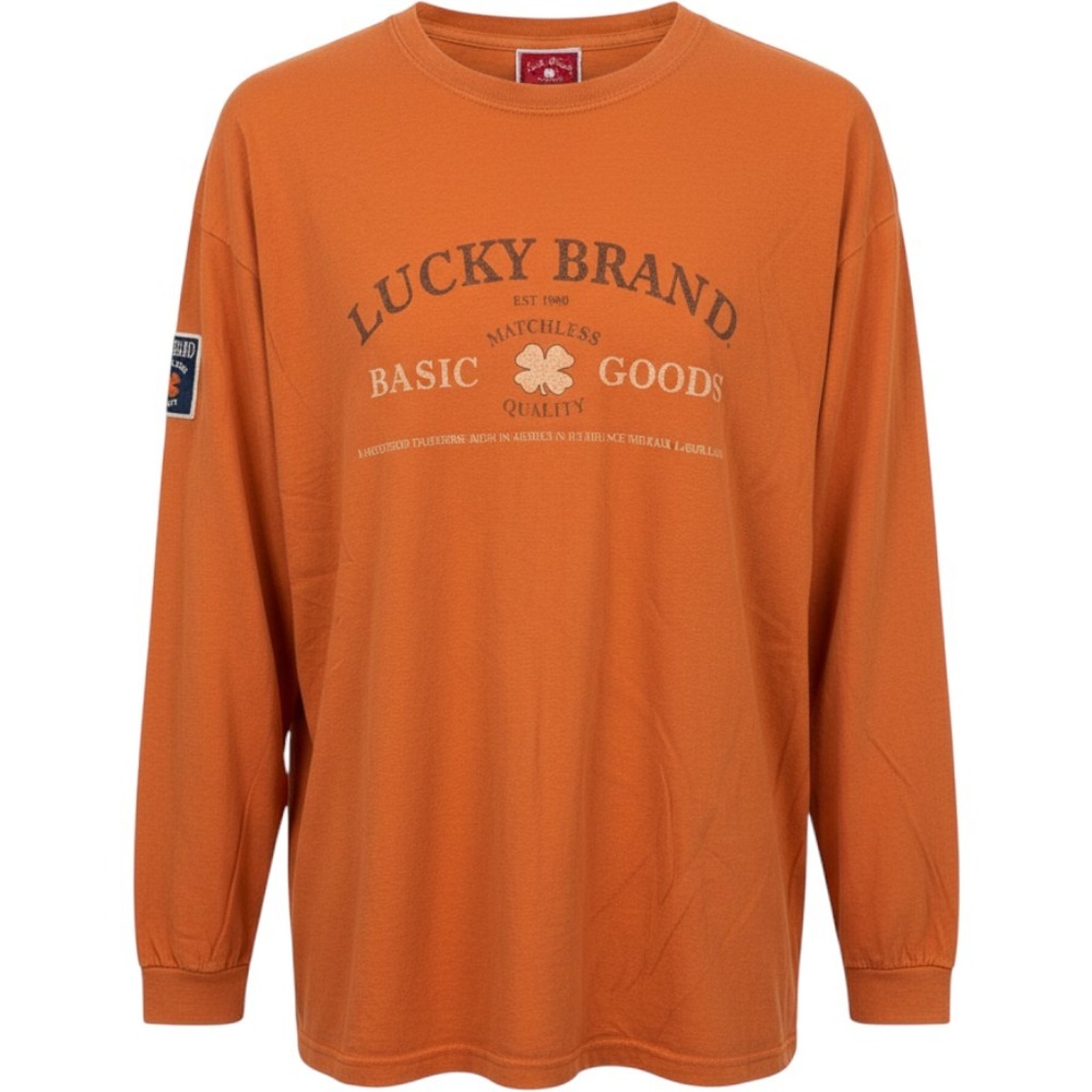 Vintage 90s Lucky Brand Red Script Tag Orange Long Sleeve One Size Fits HIM USA